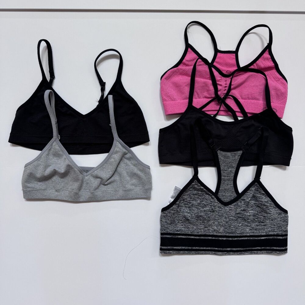 (5) girl size small bras bralettes pink black gray